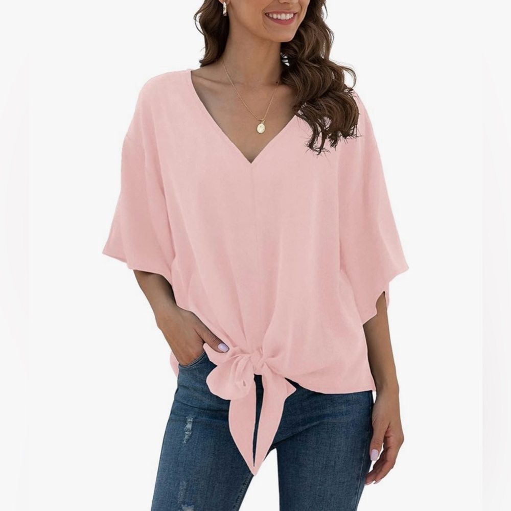 Women's Pink V-Neck Tie-Front Blouse